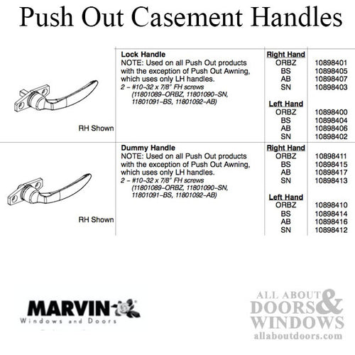Marvin Push Out Casement Lock Handle, Left Hand Dummy - Color Options Available - Marvin Push Out Casement Lock Handle, Left Hand Dummy - Color Options Available