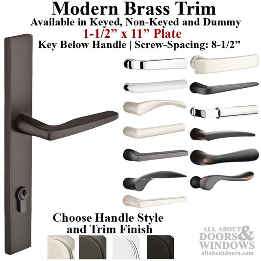 Multipoint Lock Trim, 1-1/2 x 11 Plate, Brass Modern Handle set - Choose Handle Lever