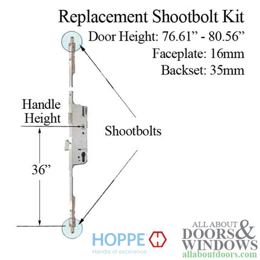 Hoppe 3-point Multipoint Lock, Door Heights 76.61"- 80.56", 1-3/8" Backset, Shootbolt Version