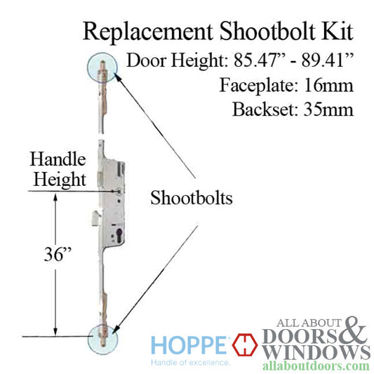 Hoppe 3-point Multipoint Lock, Door Heights 85.47" - 89.41", 1-3/8" Backset, Shootbolt Version