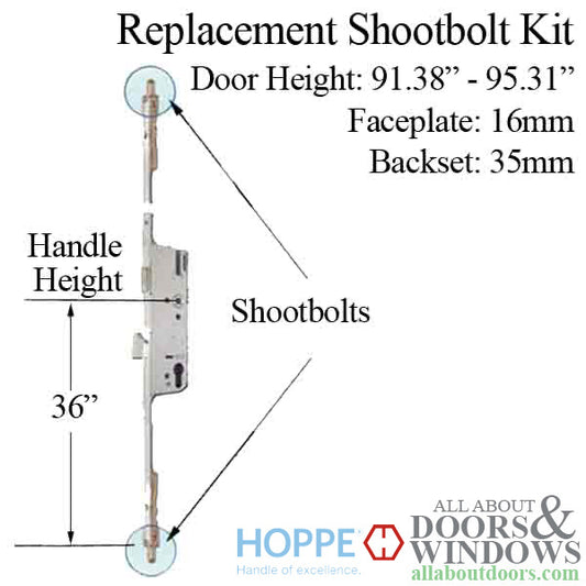Hoppe 3-point Multipoint Lock, Door Heights 91.38" - 95.31, 1-3/8" Backset, Shootbolt Version