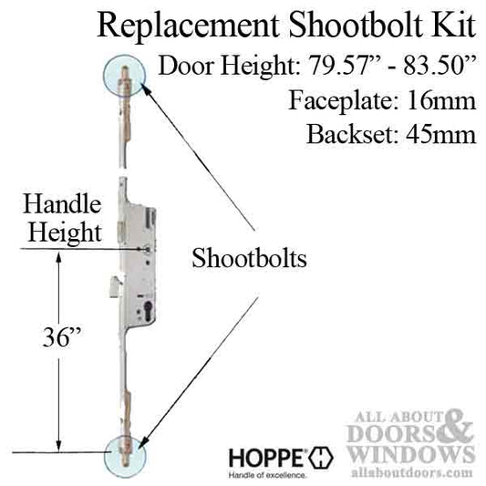 Hoppe 3-point Multipoint Lock, Door Heights 79.57"- 83.50", 1-3/4" Backset, Shootbolt Version