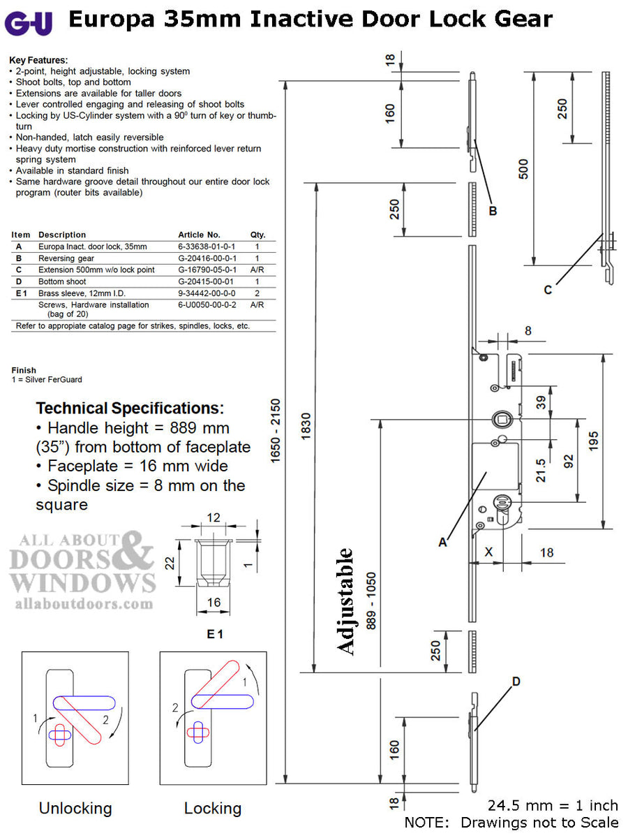 Inactive 35/92 Europa  Multipoint Lock for Passive Doors - Silver Ferguard - Inactive 35/92 Europa  Multipoint Lock for Passive Doors - Silver Ferguard