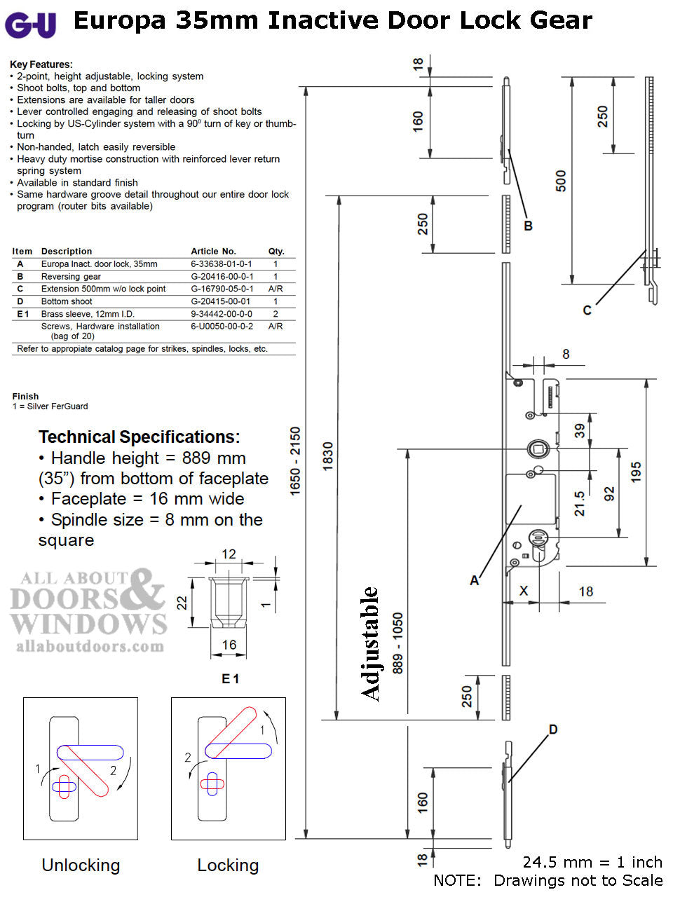 Inactive 35/92 Europa  Multipoint Lock for Passive Doors - Silver Ferguard - Inactive 35/92 Europa  Multipoint Lock for Passive Doors - Silver Ferguard