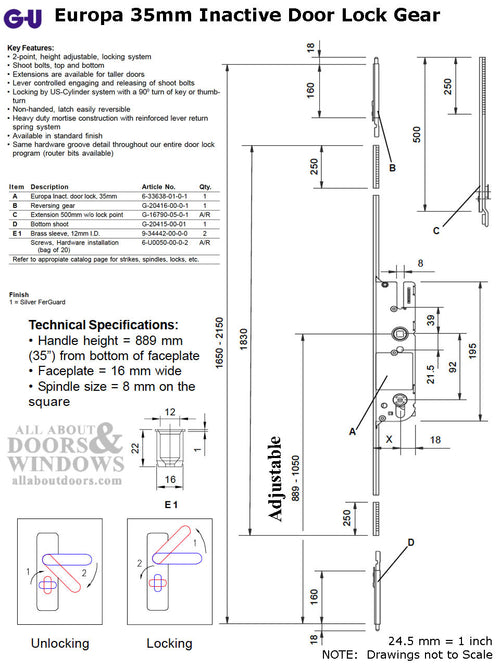Inactive 35/92 Europa  Multipoint Lock for Passive Doors - Silver Ferguard - Inactive 35/92 Europa  Multipoint Lock for Passive Doors - Silver Ferguard