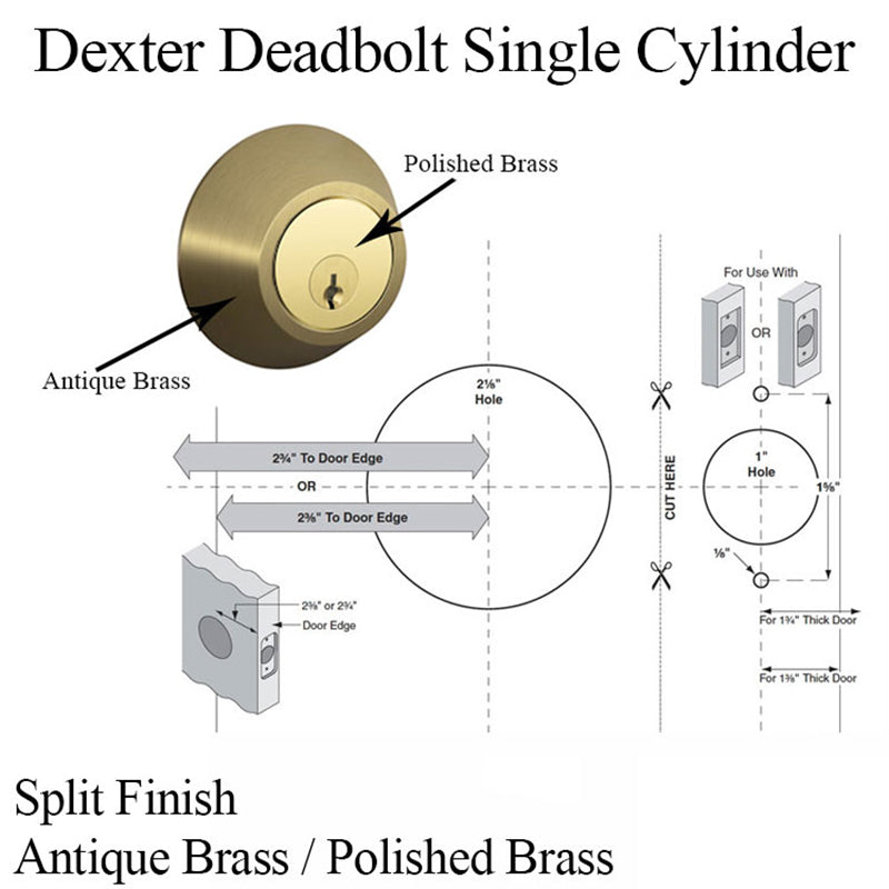 Dexter Single Cylinder Deadbolt Split Finish Antique Brass and Polished Brass - Dexter Single Cylinder Deadbolt Split Finish Antique Brass and Polished Brass