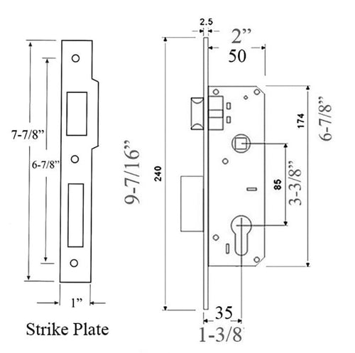 Slimline Storm Door Mortise Lock and Strike Plate 35mm Backset - Slimline Storm Door Mortise Lock and Strike Plate 35mm Backset
