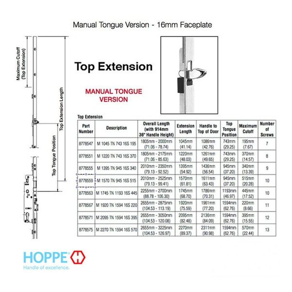 Hoppe 16mm Manual Top Extension, Tongue at 37.20