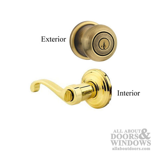 Kwikset Keyed Antique Brass Hancock Knob with Interior Polished Brass Hampshire Lever - Kwikset Keyed Antique Brass Hancock Knob with Interior Polished Brass Hampshire Lever