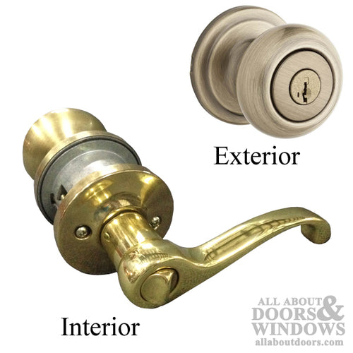 Kwikset Keyed Door Handle Hancock Knob Exterior Interior Polis Door Lever Antique Brass - Kwikset Keyed Door Handle Hancock Knob Exterior Interior Polis Door Lever Antique Brass