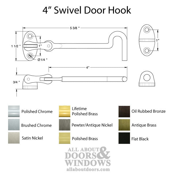 4 in Cabin Swivel Door Hook, Solid Brass - Choose Finish - 4 in Cabin Swivel Door Hook, Solid Brass - Choose Finish