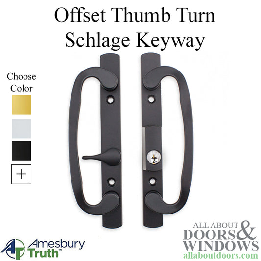 Legacy Glass Sliding Door Handle Set, Keyed with Offset Thumbturn, Schlage Keyway, Choose Color