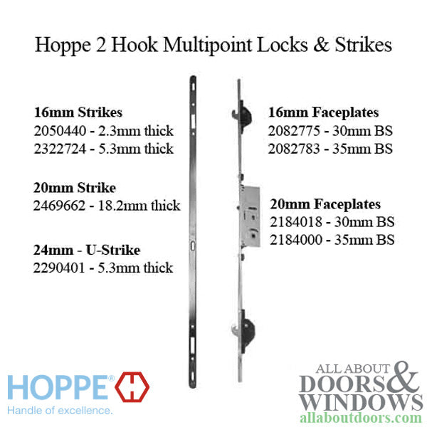 Hoppe MP Lock, 2 Hooks, 30mm Sliding Door Lock, 16mm Face - Hoppe MP Lock, 2 Hooks, 30mm Sliding Door Lock, 16mm Face