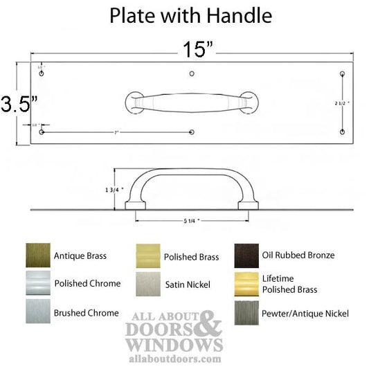 3-1/2 x 15 Pull Plate with Handle, Solid Brass