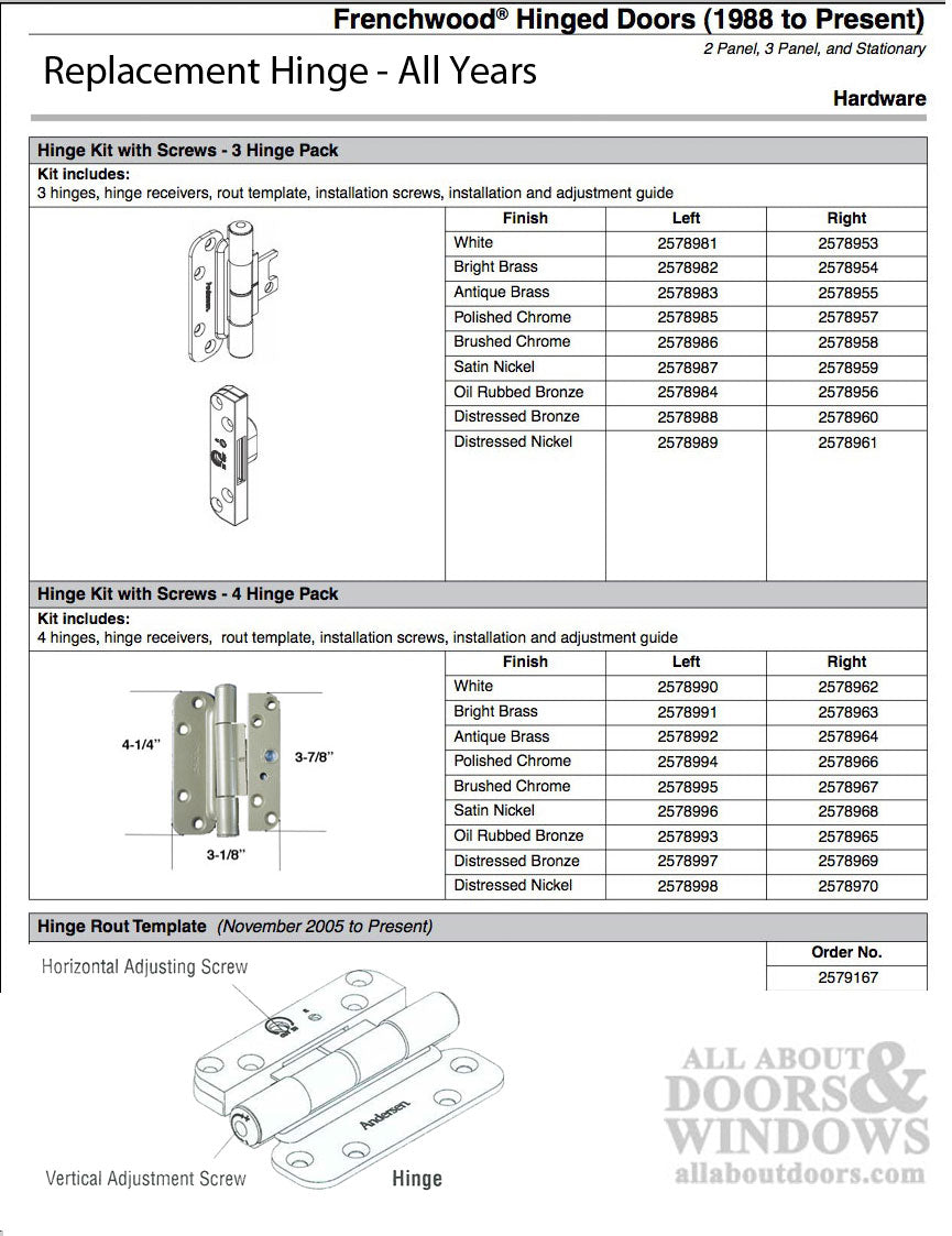 1 Hinge Kit, 2005-Present Andersen FWH Right Hand Door- Distressed Nickel - 1 Hinge Kit, 2005-Present Andersen FWH Right Hand Door- Distressed Nickel