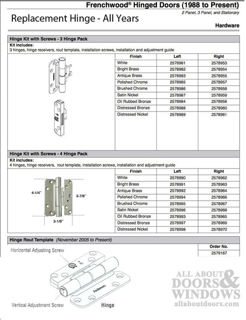 1 Hinge Kit, 2005-Present Andersen FWH Right Hand Door- Distressed Nickel - 1 Hinge Kit, 2005-Present Andersen FWH Right Hand Door- Distressed Nickel