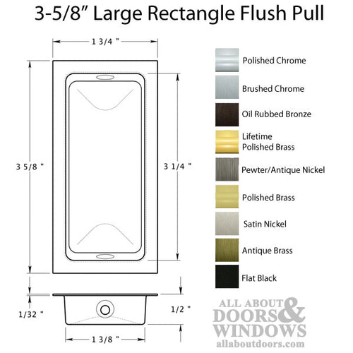 3-5/8'' Large Rectangle Flush Pull, Brass - Choose Finish - 3-5/8'' Large Rectangle Flush Pull, Brass - Choose Finish