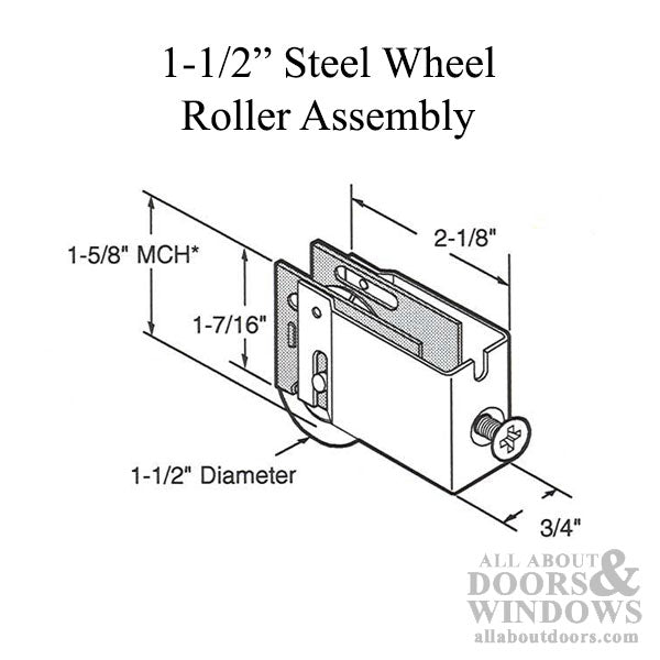 Roller Assembly with Ball Bearings for Sliding Patio Door Adjustable Housing 1-1/2 inch Steel Wheel Diameter - Roller Assembly with Ball Bearings for Sliding Patio Door Adjustable Housing 1-1/2 inch Steel Wheel Diameter