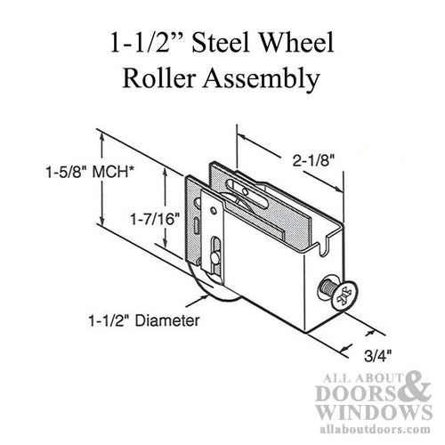 Roller Assembly with Ball Bearings for Sliding Patio Door Adjustable Housing 1-1/2 inch Steel Wheel Diameter - Roller Assembly with Ball Bearings for Sliding Patio Door Adjustable Housing 1-1/2 inch Steel Wheel Diameter