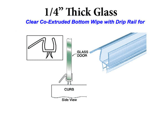 Co-Extruded Bottom Wipe With Drip Rail for 1/4 Inch Glass Clear Finish - Co-Extruded Bottom Wipe With Drip Rail for 1/4 Inch Glass Clear Finish