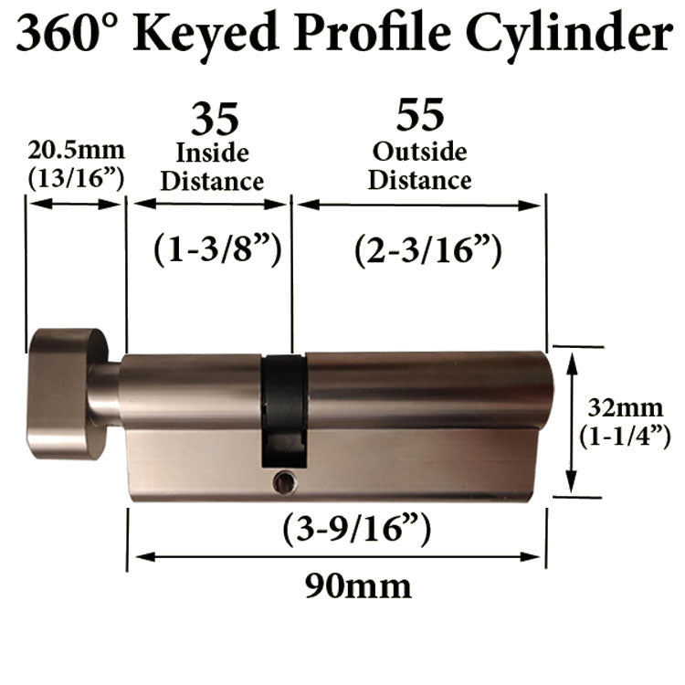 35 / 55, European Y1 360 Profile Cylinder - Choose Finish - 35 / 55, European Y1 360 Profile Cylinder - Choose Finish