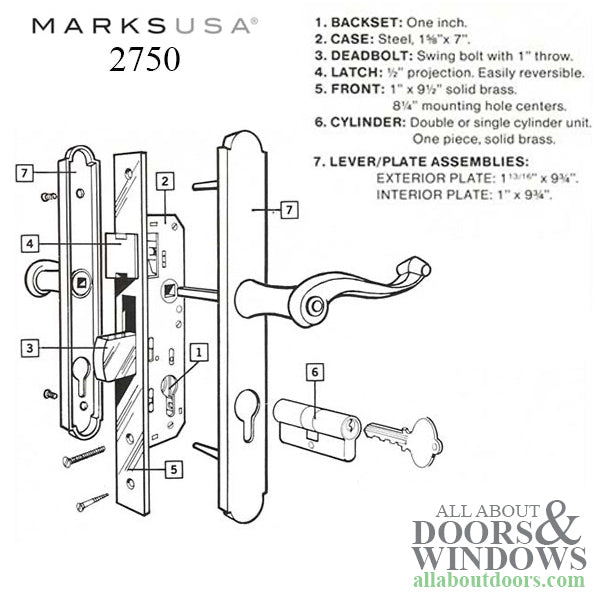 Marks 2750 ThinLine Storm / Security Door Lock, Keyed One Side with Thumb Turn - Marks 2750 ThinLine Storm / Security Door Lock, Keyed One Side with Thumb Turn