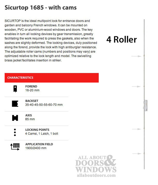 AGB Sicurtop 1685 MP Lock  4 roller cam  85PZ /  55mm backset - AGB Sicurtop 1685 MP Lock  4 roller cam  85PZ /  55mm backset