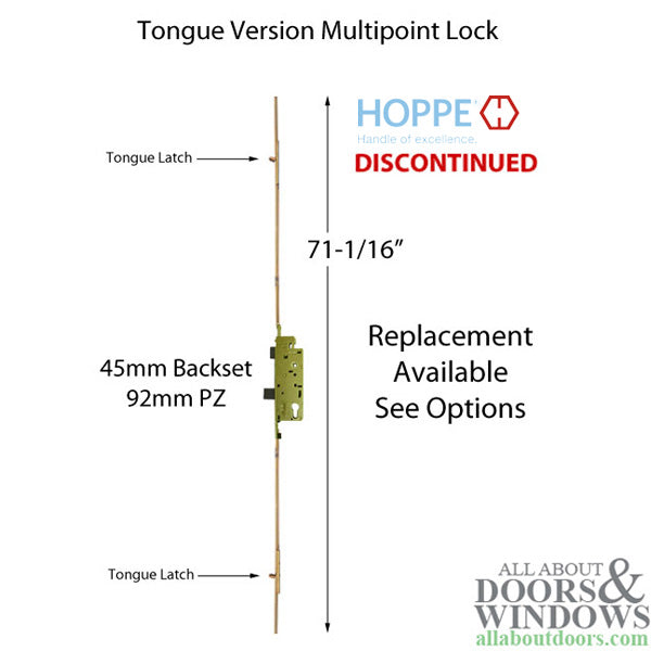 HOPPE 71 - 85-1/2 inch Tongue Multipoint Lock, 45mm backset Discontinued - See Replacement Options - HOPPE 71 - 85-1/2 inch Tongue Multipoint Lock, 45mm backset Discontinued - See Replacement Options