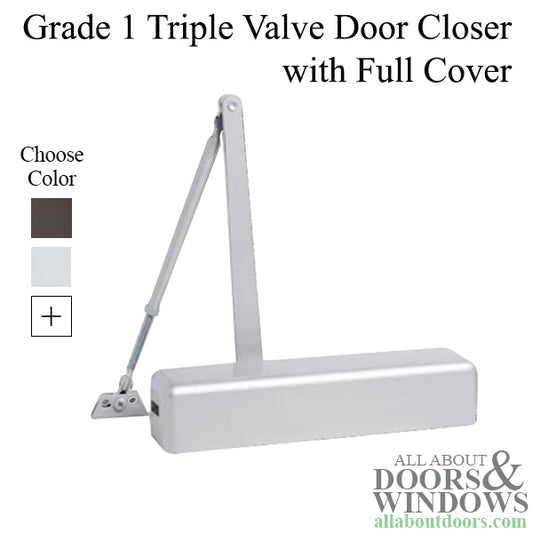 Grade 1 Commercial Door Closer, Adjustable Spring Size 2-6, Full Cover, Aluminum