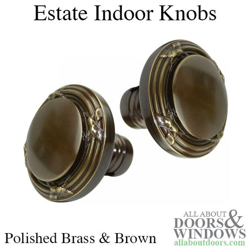 Estate Knob, Pair, Polished Brass and Brown - Estate Knob, Pair, Polished Brass and Brown