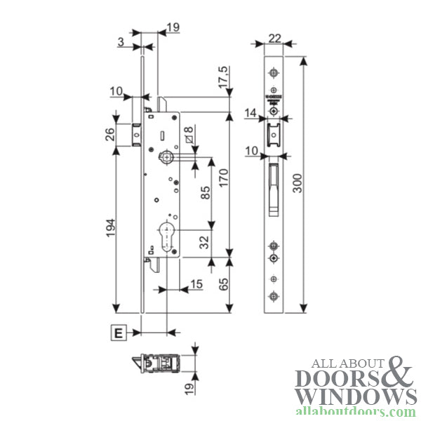 Giesse 30/85 Mortise Lock, Top - Bottom Locking, 1-3/16