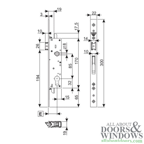 Giesse 30/85 Mortise Lock, Top - Bottom Locking, 1-3/16