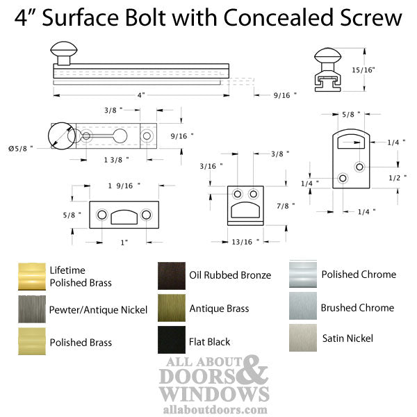 4'' Concealed Screw Surface Bolt, Brass - Choose Finish - 4'' Concealed Screw Surface Bolt, Brass - Choose Finish