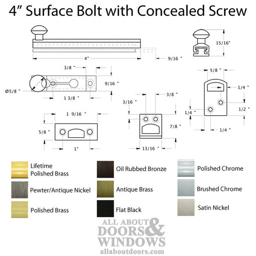 4'' Concealed Screw Surface Bolt, Brass - Choose Finish - 4'' Concealed Screw Surface Bolt, Brass - Choose Finish