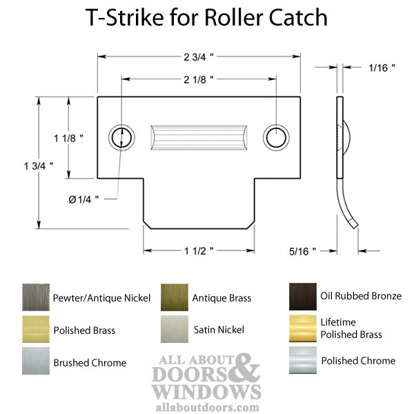 2-3/4\'' T-Strike for Roller Catch, Solid Brass - Choose Finish - 2-3/4\'' T-Strike for Roller Catch, Solid Brass - Choose Finish