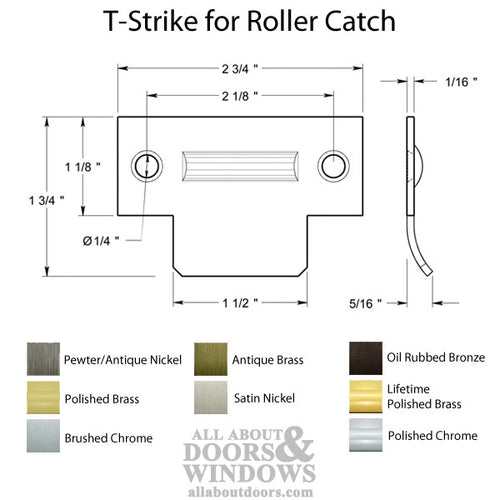 2-3/4\'' T-Strike for Roller Catch, Solid Brass - Choose Finish - 2-3/4\'' T-Strike for Roller Catch, Solid Brass - Choose Finish