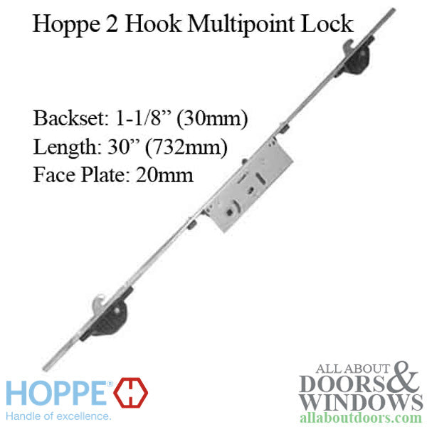 Hoppe Multipoint Lock - 2 Hooks, 30mm Sliding Door Lock, 20mm Face - Hoppe Multipoint Lock - 2 Hooks, 30mm Sliding Door Lock, 20mm Face