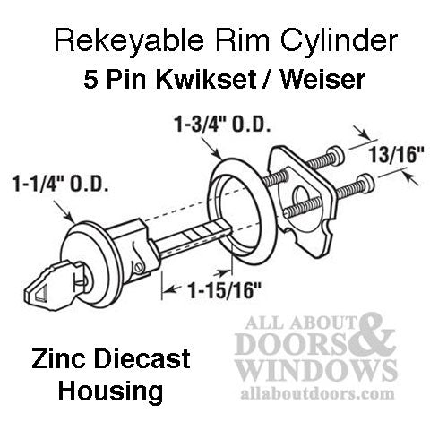 Rim Cylinder, 5 pin Diecast Kwikset / Weiser - Satin Brass - Rim Cylinder, 5 pin Diecast Kwikset / Weiser - Satin Brass