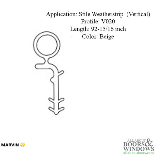 Marvin V020 Outswing French Door Stile Weatherstrip, 92 15/16
