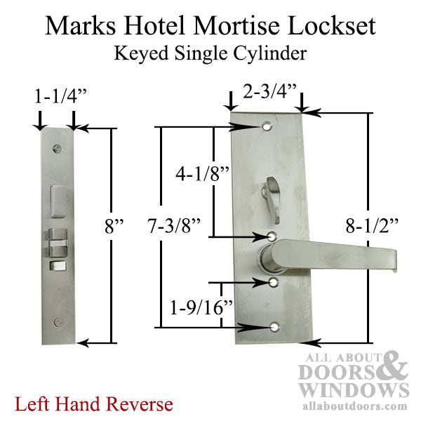 Marks Hotel Lever & Plate Mortise Lockset, Left Hand Reverse - Satin Chrome - Marks Hotel Lever & Plate Mortise Lockset, Left Hand Reverse - Satin Chrome