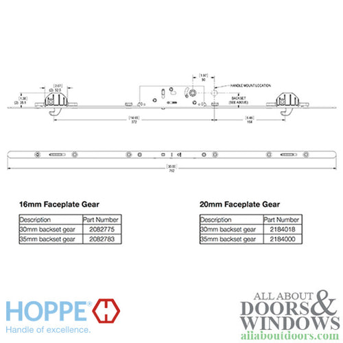 Hoppe Multipoint Lock - 2 Hooks, 30mm Sliding Door Lock, 16mm Face - Hoppe Multipoint Lock - 2 Hooks, 30mm Sliding Door Lock, 16mm Face