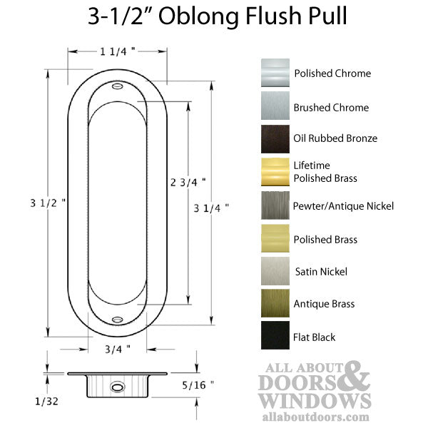 3-1/2'' Oblong Flush Pull, Solid Brass - Choose Finish - 3-1/2'' Oblong Flush Pull, Solid Brass - Choose Finish