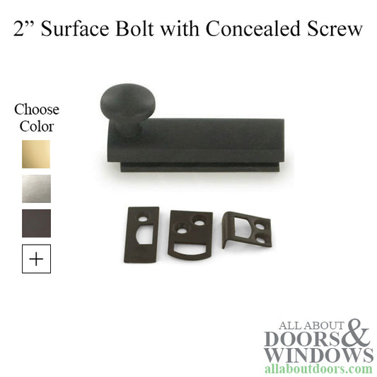 2" Concealed Screw Surface Bolt, Brass - Choose Finish
