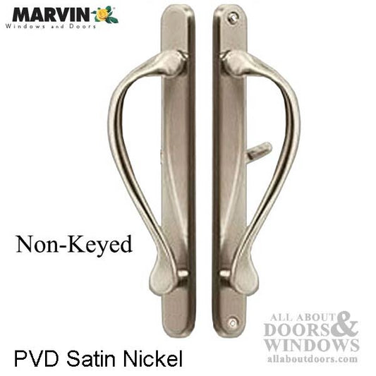 Marvin Active Non-Keyed, Narrow Sliding Door Handle, Center Thumb - Satin Nickel