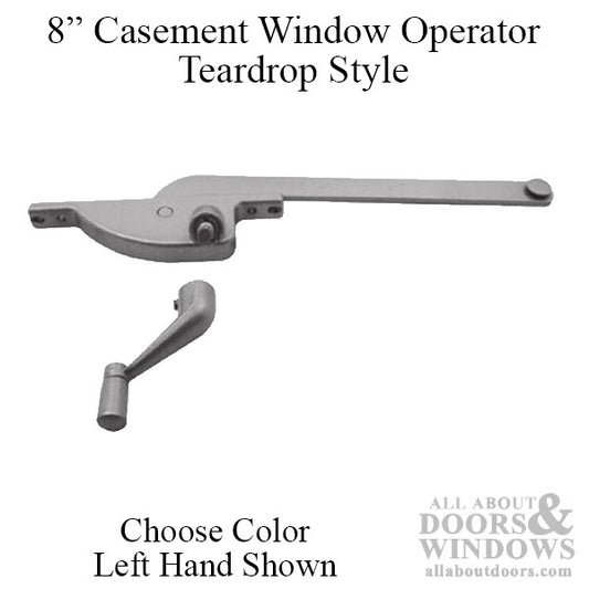 Casement Window Operator, 8" arm, Left Hand, Teardrop Body, Steel Casement