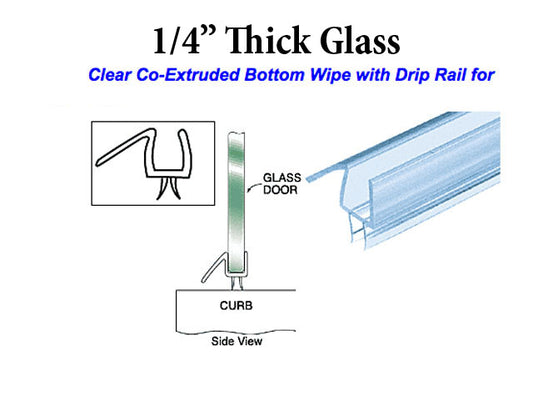 Co-Extruded Bottom Wipe With Drip Rail for 1/4 inch Glass - Clear