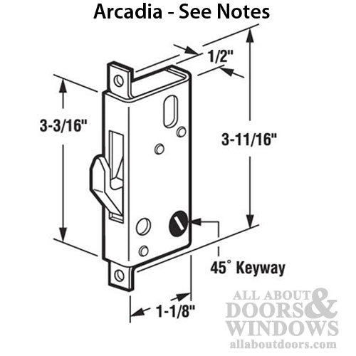 Discontinued - Mortise Lock, 45  Slot, Arcadia Sliding Glass Door