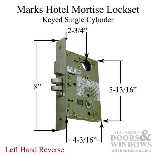 Marks Hotel Lever & Plate Mortise Lockset, Left Hand Reverse - Satin Chrome - Marks Hotel Lever & Plate Mortise Lockset, Left Hand Reverse - Satin Chrome