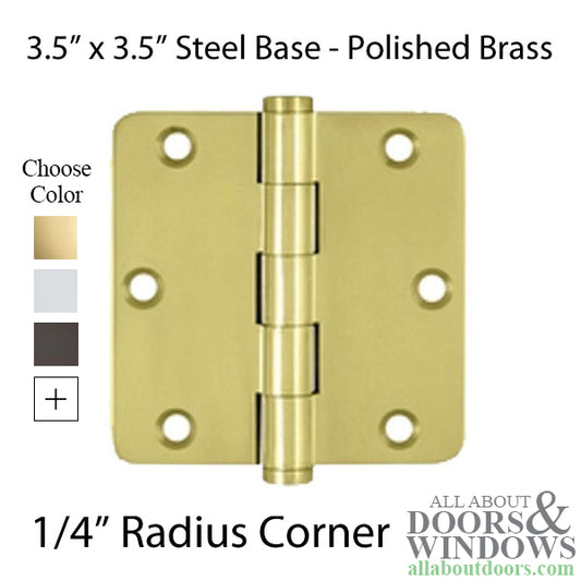 Door Hinge 3.5 x 3.5 inch, 1/4 Radius Corners, Residential, Solid Brass - Choose Color