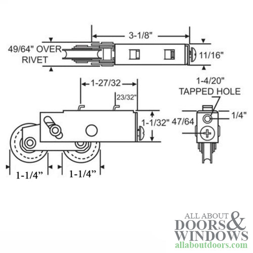 Tandem  1-1/4  Nylon Roller, 2 hooks - Tandem  1-1/4  Nylon Roller, 2 hooks